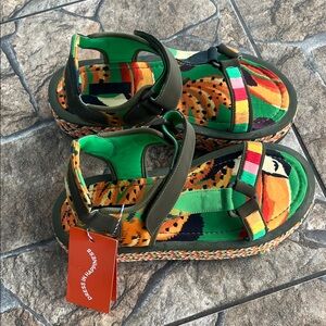 FARM Rio Green Toucans Flatform Raffia Velcro Sandal